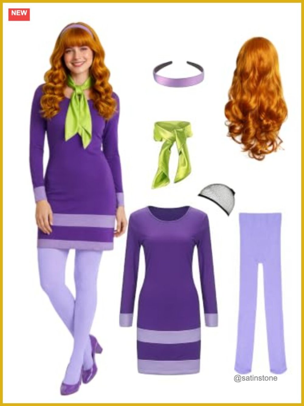 Women Halloween Costume Dress Scarf Long Curly Wig Headband Tights Complete Set